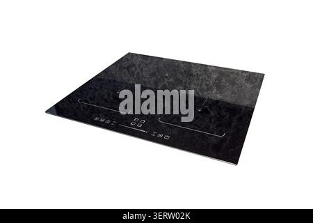 Table de cuisson à induction à double tête intégrée moderne avec panneau en cristal noir élégant avec motif en marbre unique, double zone de cuisson et intuitive Banque D'Images