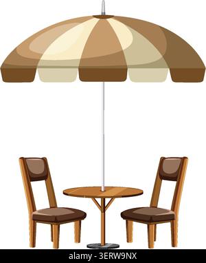 Illustration vectorielle de table en bois, deux chaises et un grand parapluie dans des tons bruns neutres Illustration de Vecteur