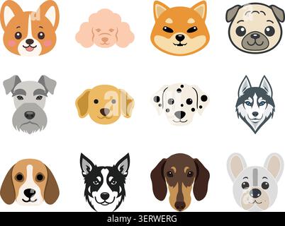 Un ensemble d'illustrations plates colorées mettant en scène divers visages de races de chiens Illustration de Vecteur