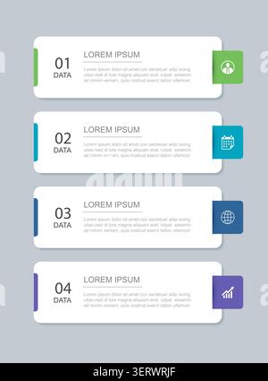 Infographie d'affaires étiquettes papier horizontales modèle de bannière 4 options étapes mise en page. Illustration de Vecteur