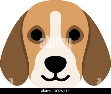 Illustration plate d'un visage de chien de style beagle avec de longues oreilles brunes et des yeux ronds et une bande centrale blanche Illustration de Vecteur