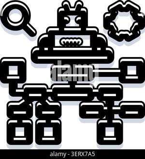 Robot d'intelligence artificielle intégrant un organigramme complexe avec des éléments de traitement de données, symbolisant la technologie de pointe, l'automatisation, la machine lear Illustration de Vecteur