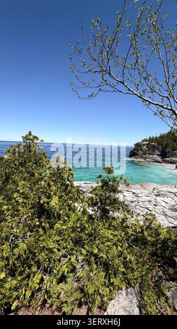 Superbe baie d'eau turquoise et rivage rocheux au parc national de la péninsule Bruce, Ontario, Canada, par une belle journée d'été. Banque D'Images