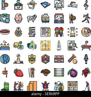 Collection d'icônes colorées de glyphe illustrant divers concepts, y compris la santé, le commerce, les loisirs, l'éducation, la technologie, et de la nourriture, idéal pour le web a Illustration de Vecteur