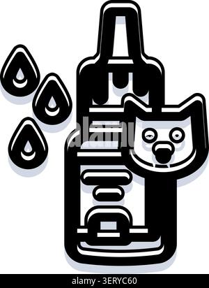 Concept de soins de santé animale avec une bouteille de médicament pour animaux de compagnie avec une icône de chat, aux côtés de plusieurs gouttes de liquide, symbolisant le traitement vétérinaire et Illustration de Vecteur