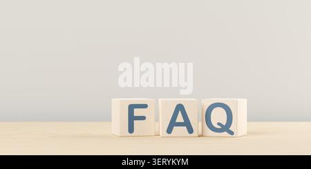 Blocs en bois avec les lettres faq sur fond de table en bois, questions fréquemment posées concept d'entreprise, focus sélectif, illustration 3D. Banque D'Images