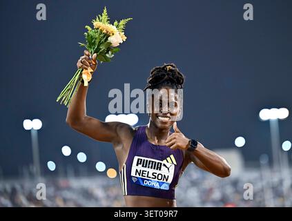 Doha. 19 juin 2026. Kemba Nelson, de Jamaïque, célèbre la finale du 100m féminin à la World Athletics Diamond League 2026 à Doha, Qatar, le 19 juin 2026. Crédit : Nikku/Xinhua/Alamy Live News Banque D'Images