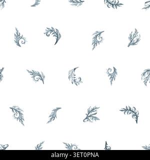 Motif délicat sans couture avec de petites feuilles ornementales aquarellées disposées en répétition structurée. Design compagnon élégant pour la papeterie de luxe Banque D'Images