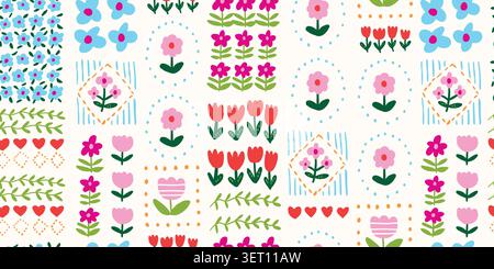 Motif patchwork floral d'été sans couture avec des fleurs rouges et roses sur un fond clair, motif de répétition de fleurs de printemps mignonne pour le tissu d'enfants, l'impression textile, le papier peint, le papier d'emballage et les projets de mode saisonniers. Illustration vectorielle Illustration de Vecteur