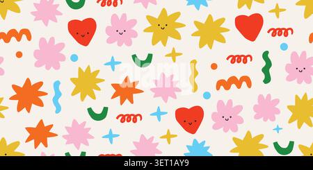 Motif de découpe abstrait sans couture avec des fleurs souriantes, des coeurs, des étoiles et des arcs-en-ciel dans un style scandinave inspiré sur un fond beige sable chaud, un design répétitif minimaliste ludique pour le tissu pour enfants, papier peint de pépinière, textiles de bébé, papier d'emballage, papier d'album, décoration joyeuse pour enfants. Illustration vectorielle Illustration de Vecteur