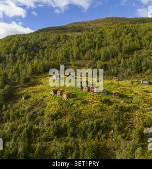 Vue aérienne de la ferme historique de montagne de Rakssetra avec des cabanes traditionnelles en bois rouge avec des toits d'herbe nichés sur une colline verdoyante à Stryn Banque D'Images