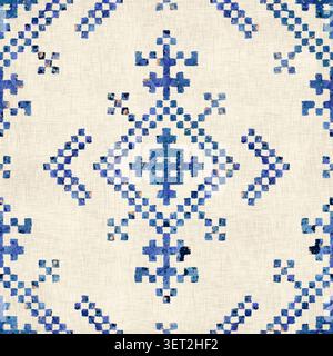 Bleu aquarelle ethnique motif sans couture avec ornement de broderie tribale sur texture de lin Banque D'Images