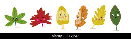 Ensemble de clipart de personnage de feuille d'automne mignon avec des créatures de feuillage souriantes, des amis de la forêt ludiques, et des illustrations fantaisistes de style livre d'image sur un fond blanc, charmante collection pour autocollants, livres pour enfants, matériel éducatif, décor de pépinière, scrapbooking, et des projets saisonniers pour enfants. Illustration vectorielle Illustration de Vecteur