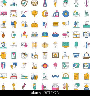 Collection de couleurs attrayante illustrant divers concepts et objets du quotidien avec un minimum d'icônes de ligne, idéal pour la conception Web, les applications et l'infograp Illustration de Vecteur