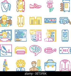 Collection d'icônes de ligne minimale illustrant divers aspects du style de vie, de la fabrication, de la technologie, des industries de services, de l'alimentation, construction, et hea Illustration de Vecteur