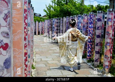 Femme dans le Kimono traditionnel marchant à travers les portes du sanctuaire Fushimi Inari, Kyoto, Japon Banque D'Images