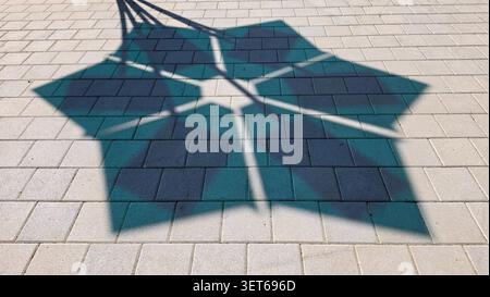 Une ombre sombre symétrique formant un motif étoilé à six pointes s'étend sur un trottoir pavé sous la lumière du soleil de l'après-midi Banque D'Images