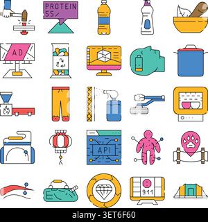 Collection d'icônes de processus de fabrication et de production industrielle illustrant divers aspects de la conception, de la technologie, de la transformation des aliments, du recyclage, et Illustration de Vecteur
