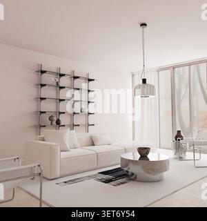 Salon moderne aux tons neutres doux, mobilier haut de gamme, étagères architecturales et murs blancs spacieux. Illustr. 3D. Banque D'Images