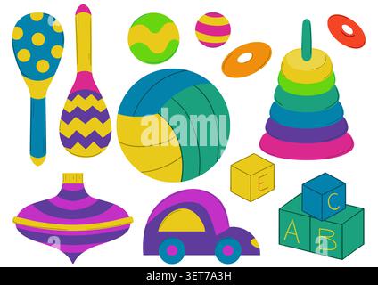 Ensemble coloré de jouets pour enfants maracas, empileur, cubes d'alphabet et balles. Illustration vectorielle dynamique et plate, parfaite pour les activités préscolaires, pépinière d Illustration de Vecteur