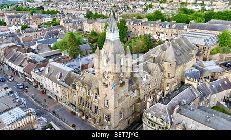 Photographie par drone de l'hôtel de ville de Hawick dans le centre de Hawick, Scottish Borders, Écosse Banque D'Images