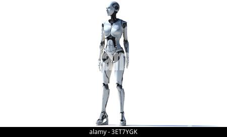 Femme cyborg futuriste debout dans la vue de la longueur du corps. Personnage de science-fiction. Banque D'Images