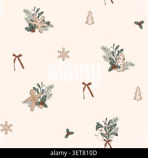 Modèle sans couture de Noël avec symbole nouvel an 2026, chevaux, branches de pin, pour arbre, arc. Répéter l'ornement avec l'illustration houx et baies rouges Banque D'Images