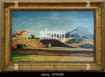 Le chemin de fer coupé par Paul Cezanne, vers 1870. Une peinture à l'huile capturant une vue de paysage, exposée à l'Alte Pinakothek à Munich, en Allemagne. Banque D'Images