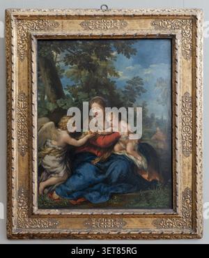 La Sainte famille reposant sur la fuite en Égypte par Pietro da Cortona, vers 1643. Huile sur cuivre, exposée à l'Alte Pinakothek, Munich, Allemagne. Banque D'Images