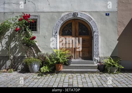 Portail historique en bois avec arc rond en pierre et marches en pierre. Entrée d'une ancienne maison avec fleurs de roses rouges et plantes en pot sur la façade dans le Banque D'Images