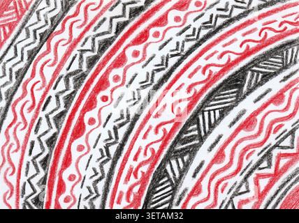 Des lignes et des motifs colorés apparaissent en rouge, noir et blanc. La conception comporte des courbes et des formes qui se répètent. Cette œuvre montre un mélange de différents styles et textures de manière abstraite. Banque D'Images