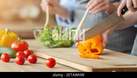 Deux femmes mains faire des salades de légumes Banque D'Images