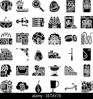 Affichage d'un ensemble complet de différentes icônes de glyphe de silhouette noire représentant la nourriture, la technologie, les bâtiments, les voyages, les sports, et des concepts commerciaux Illustration de Vecteur