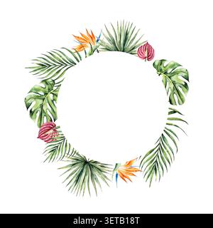 Cadre de feuille Monstera, Strelitzia et modèle de fleurs d'anthurium rouge. Aquarelle logo de palmier dessiné à la main, tons verts vibrants. Botanique isolée Banque D'Images