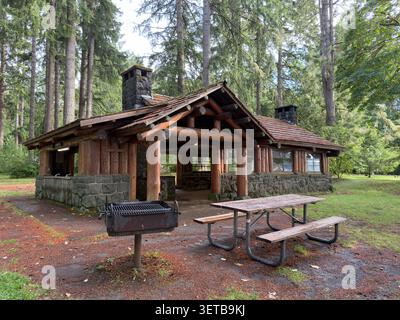 Un abri de pique-nique rustique construit en rondins avec cheminée en pierre et barbecue barbecue entouré de grands arbres à feuilles persistantes dans un parc forestier paisible Banque D'Images