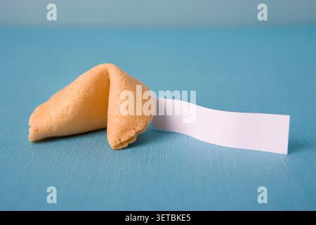 Gros plan d'un simple biscuit de fortune avec une fiche de papier blanc vierge dessus Banque D'Images