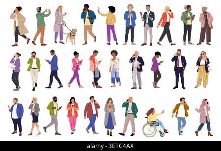 Des personnes diverses marchent, discutent ou naviguent sur les téléphones Illustration de Vecteur
