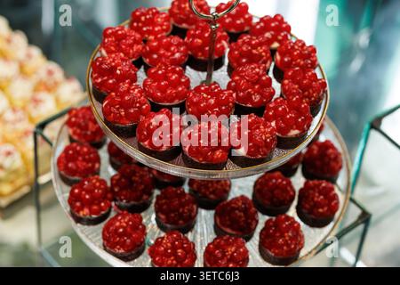 Présentoir en verre à étages avec tartines au dessert aux groseilles rouges Banque D'Images