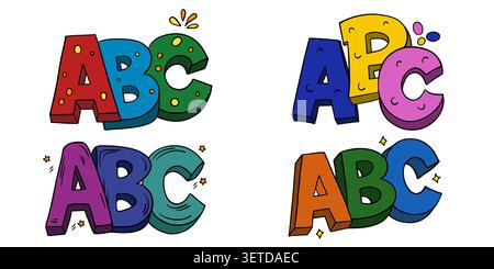 Illustration dessinée à la main de l'alphabet ABC en couleur. Jolies lettres majuscules au design ludique et éducatif, aux couleurs vives Banque D'Images