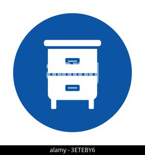 Une icône de table de nuit blanche minimaliste sur un fond circulaire bleu, parfaite pour représenter des meubles de chambre modernes et un décor dans divers designs. Illustration de Vecteur