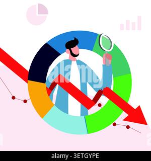 Illustration vectorielle plate avec un analyste d'affaires examinant les graphiques de performance en baisse, représentant l'analyse de marché, la récession financière, busine Illustration de Vecteur