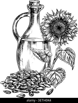 Huile de tournesol. Illustration vectorielle en noir et blanc dessinée à la main. Bouteille en verre d'huile et de tournesol et une poignée de graines. Élément de l'étiquette et Illustration de Vecteur