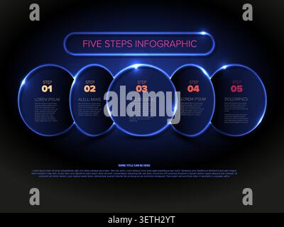 Infographie Premium en cinq étapes avec des cercles de néon brillants sur un fond sombre. Cette infographie en cinq étapes utilise un style technologique pour les étapes visuelles et Illustration de Vecteur