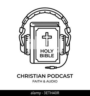 Icône de logo de podcast chrétien avec Holy Bible et écouteurs. Illustration de Vecteur