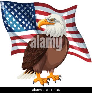 Majestueux aigle à tête blanche devant un drapeau américain agitant, symbolisant la liberté et la fierté nationale. Illustration de Vecteur