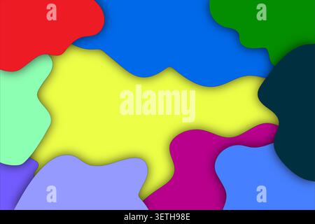 Fond coloré abstrait coupé en papier avec des formes vibrantes et fluides dans diverses teintes comme le rouge, bleu, vert, jaune, violet, et menthe, créant un en Illustration de Vecteur