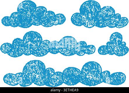 Nuages de crayon dessinés à la main avec texture crayon pastel. Vecteur coloré enfants et bébés gribouilles sur fond blanc. Illustration enfants mignons. Esquisse Illustration de Vecteur