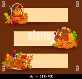 Joyeuses bannières de vacances de Thanksgiving. Bannières vectorielles horizontales festives décorées avec un panier de fruits, une tarte à la citrouille, de la dinde, une bouteille de vin et des feuilles d'automne. Promotions des fêtes, publicités saisonnières Illustration de Vecteur