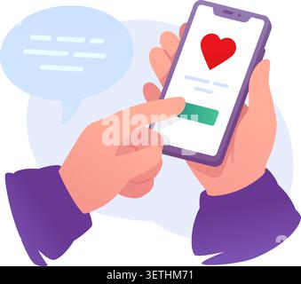 Mains tenant smartphone avec coeur rouge sur l'illustration vectorielle à l'écran. Application de rencontres en ligne, médias sociaux comme, match d'amour virtuel et chat romantique comm Illustration de Vecteur