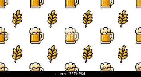 Motif pixel sans couture avec des tasses à bière et des oreilles d'orge pour des motifs sur le thème de la brasserie et des illustrations de jeu rétro Illustration de Vecteur